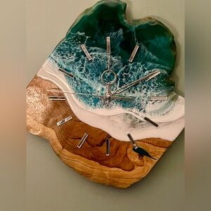 Hand made real teakwood clock, with beautiful resin “ocean” waves